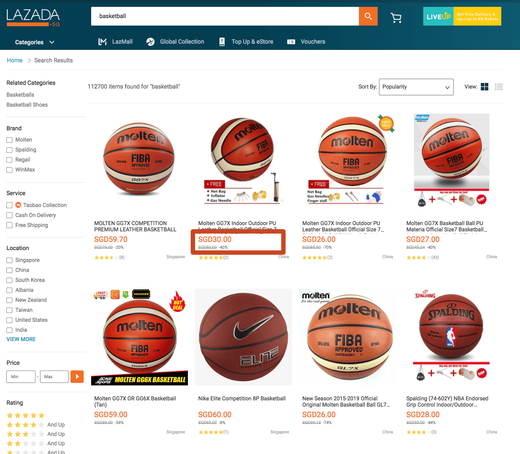 Product Price and Product Sales Price in Lazada Search Results / Category View