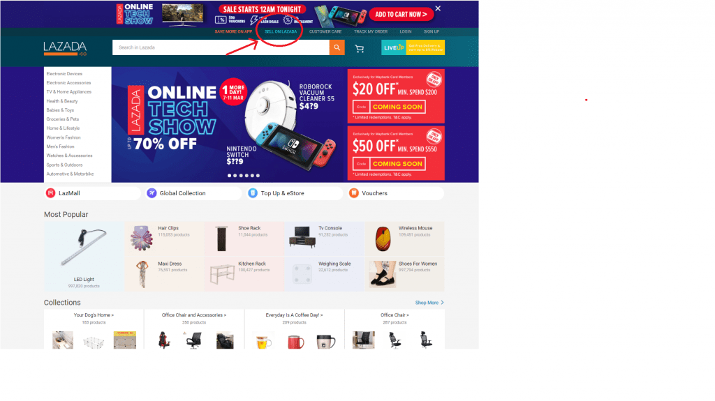 Log in to Lazada’s official website and click “Sell on Lazada