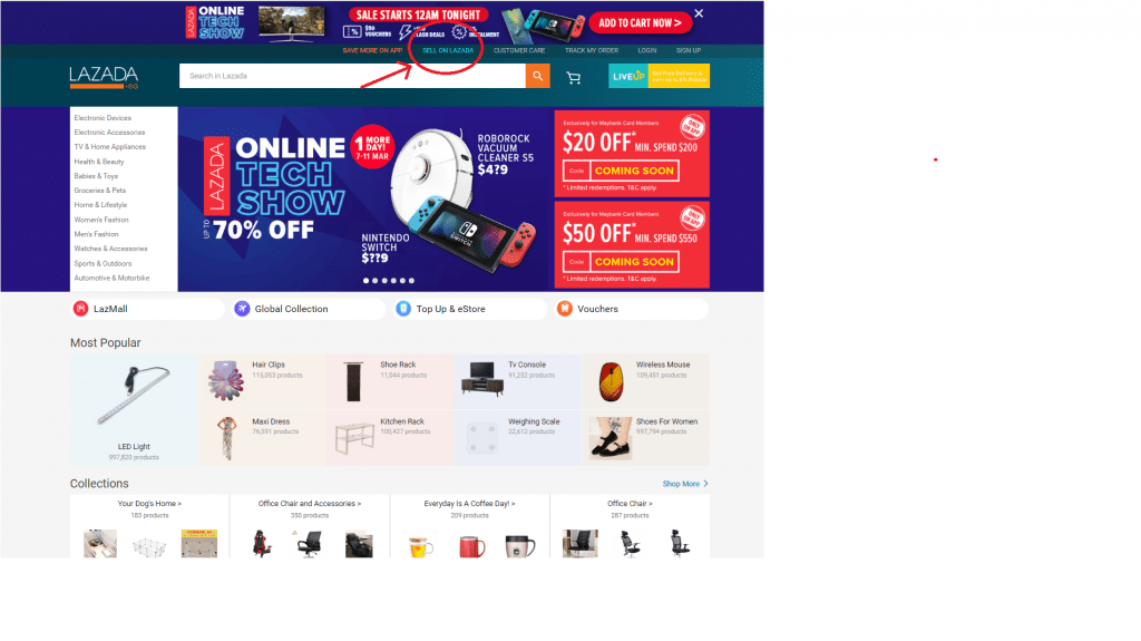 Mag-log in sa opisyal na website ng Lazada at i-click ang “Sell on Lazada