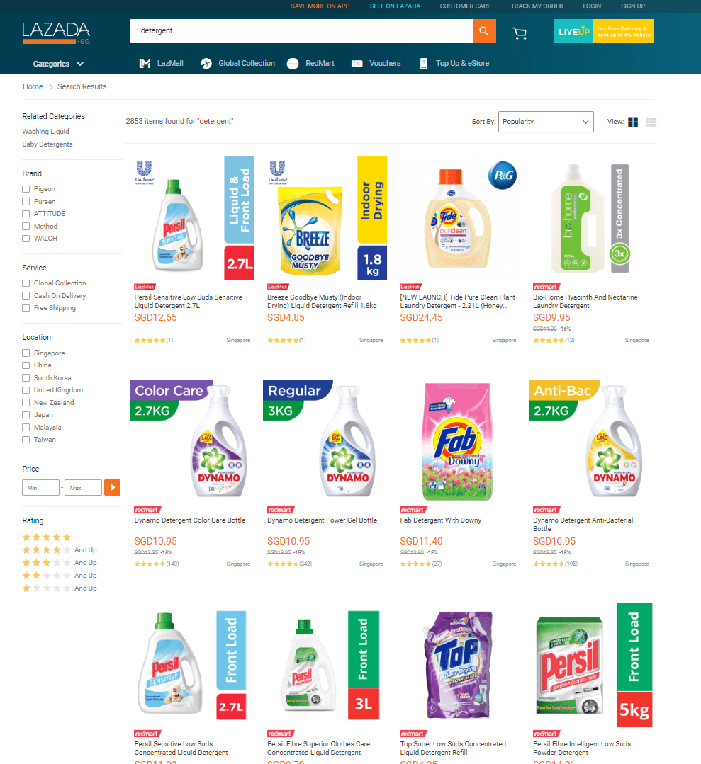 Lazada 上的洗滌劑產品